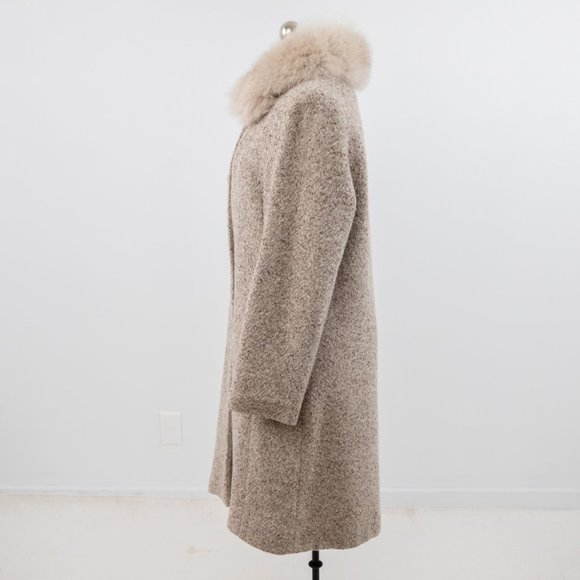 Vintage 90s M/L Fox Fur Collar Tweed Coat Tan - Picture 6 of 15